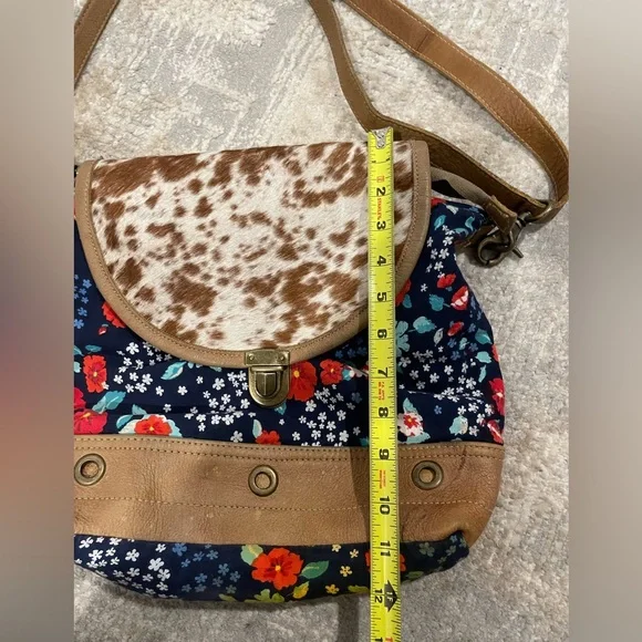 Myra Cowhide Floral Hair On Hide Leather Crossbody Messenger Bag Purse Canvas - Picture 9 of 11